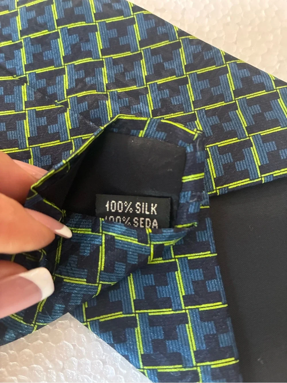 Conte di Milano 100% Silk Navy Tie with Bright Lime Geometric Grid